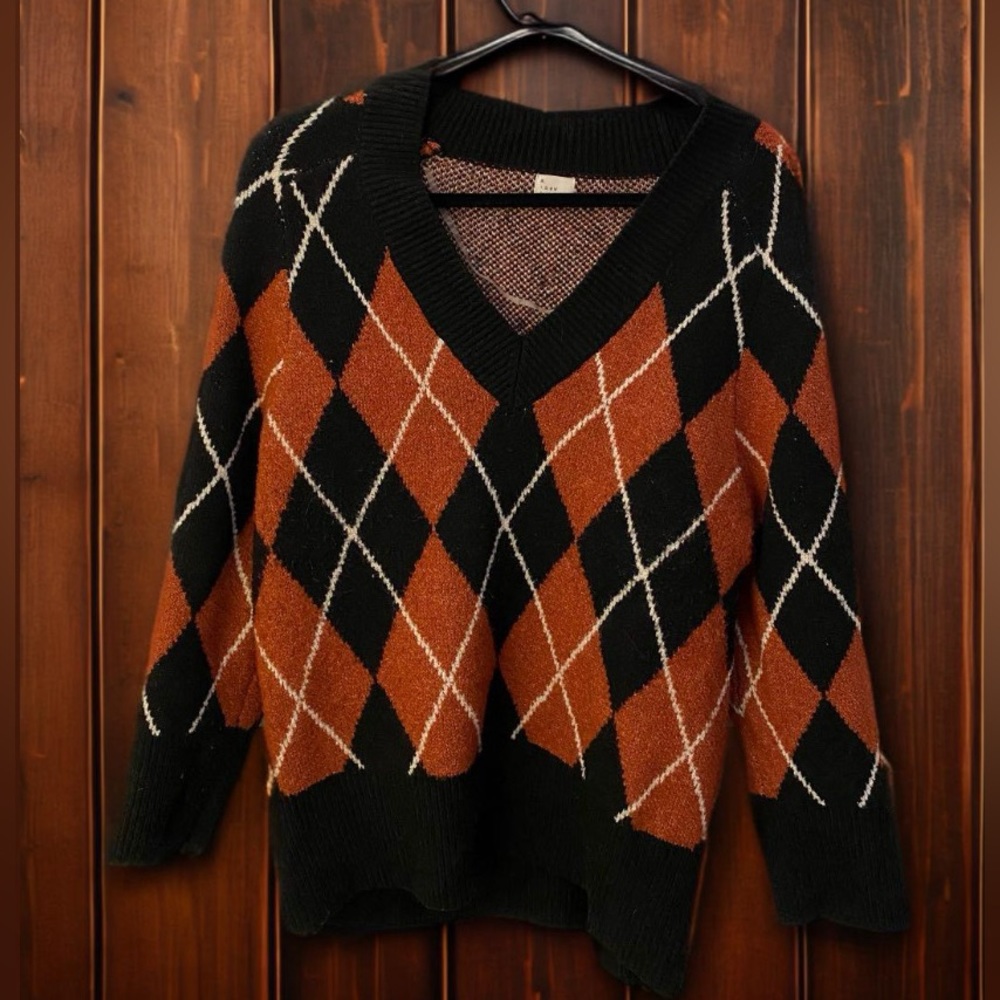 A New Day Academia Argyle Print Black and Orange V Neck Sweater